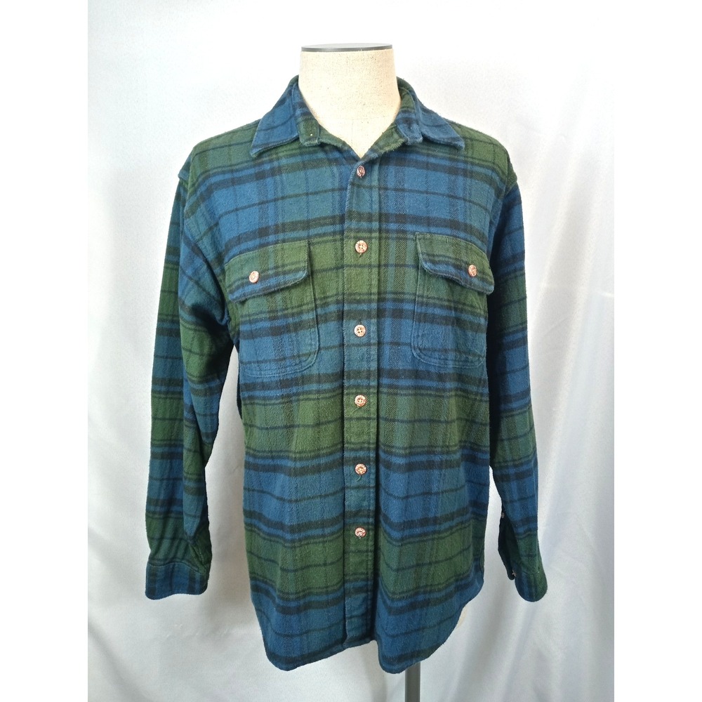 Field & Stream Flannel Shirt Mens L Green Blue Plaid Button Up Long Sleeve Cotto
